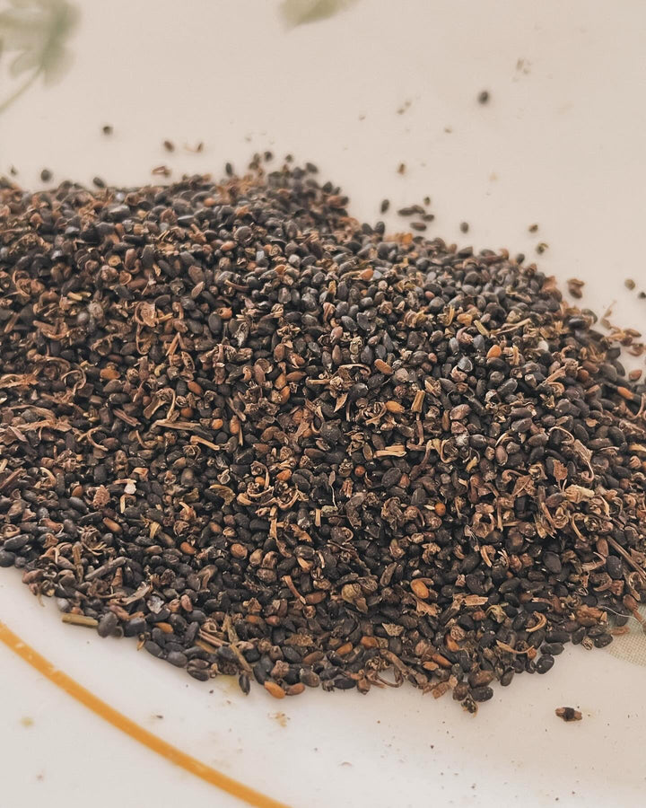 cleaning basil seed, I like to crush the flowers and then spread on a tilted cutting board, image 3 of 4