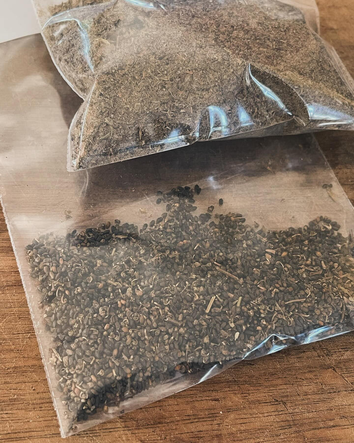 cleaning basil seed, I like to crush the flowers and then spread on a tilted cutting board, image 4 of 4