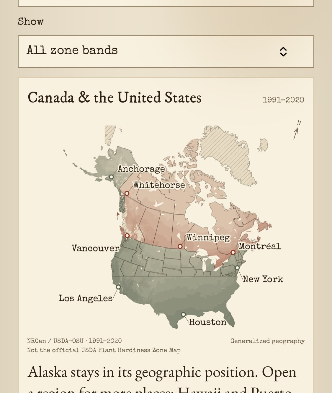 Carte de Pomologica des bandes généralisées de zones de rusticité au Canada et aux États-Unis, avec les villes indiquées.
