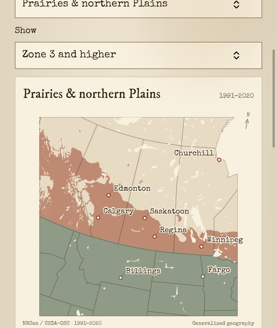 Carte de Pomologica des zones de rusticité centrée sur les Prairies canadiennes et les plaines du nord des États-Unis.