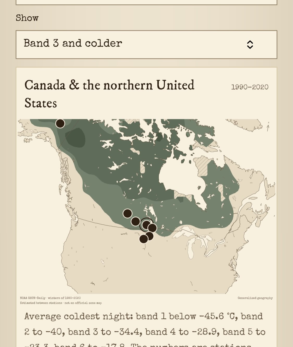 Carte de Pomologica des plages de température de la nuit la plus froide au Canada et dans le nord des États-Unis, avec des points indiquant les stations de recherche.