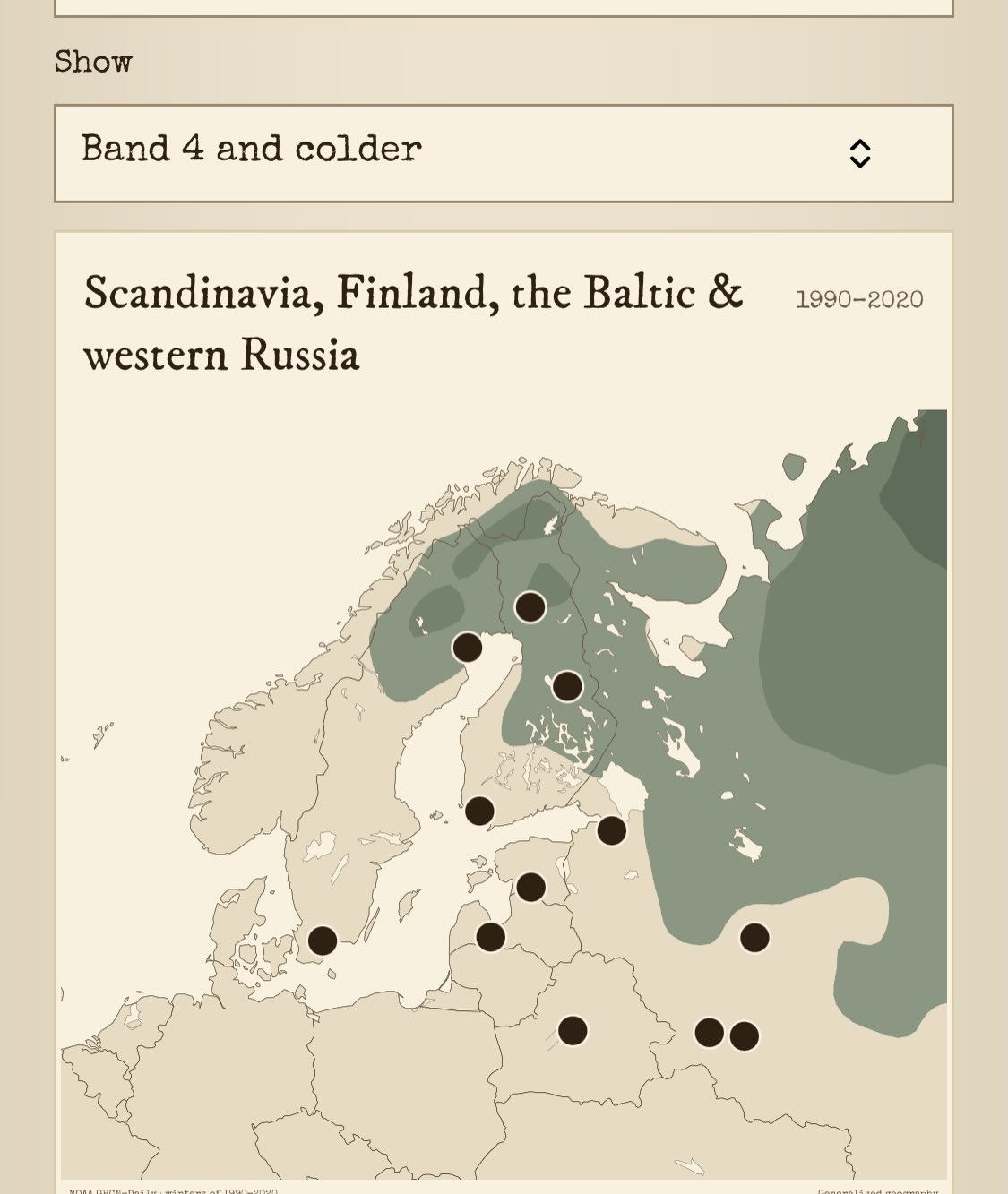 Carte de Pomologica des plages de température couvrant la Scandinavie, la Finlande, la région baltique et l’ouest de la Russie.