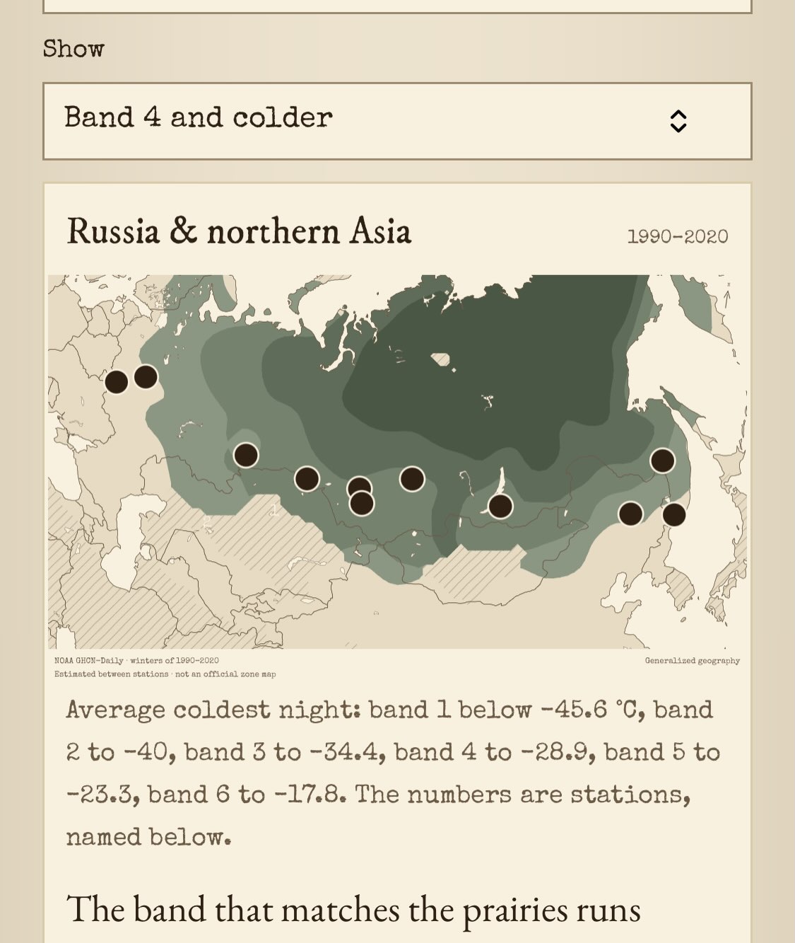 Carte de Pomologica des plages de température de la Russie et du nord de l’Asie, avec des points indiquant les stations de recherche.