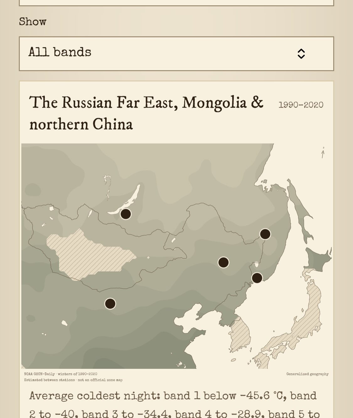 Carte de Pomologica des plages de température de l’Extrême-Orient russe, de la Mongolie et du nord de la Chine.
