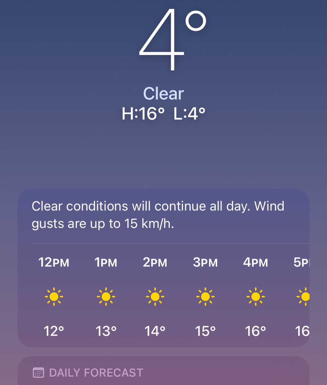 Weather app showing 4 degrees Celsius on the morning of the frost