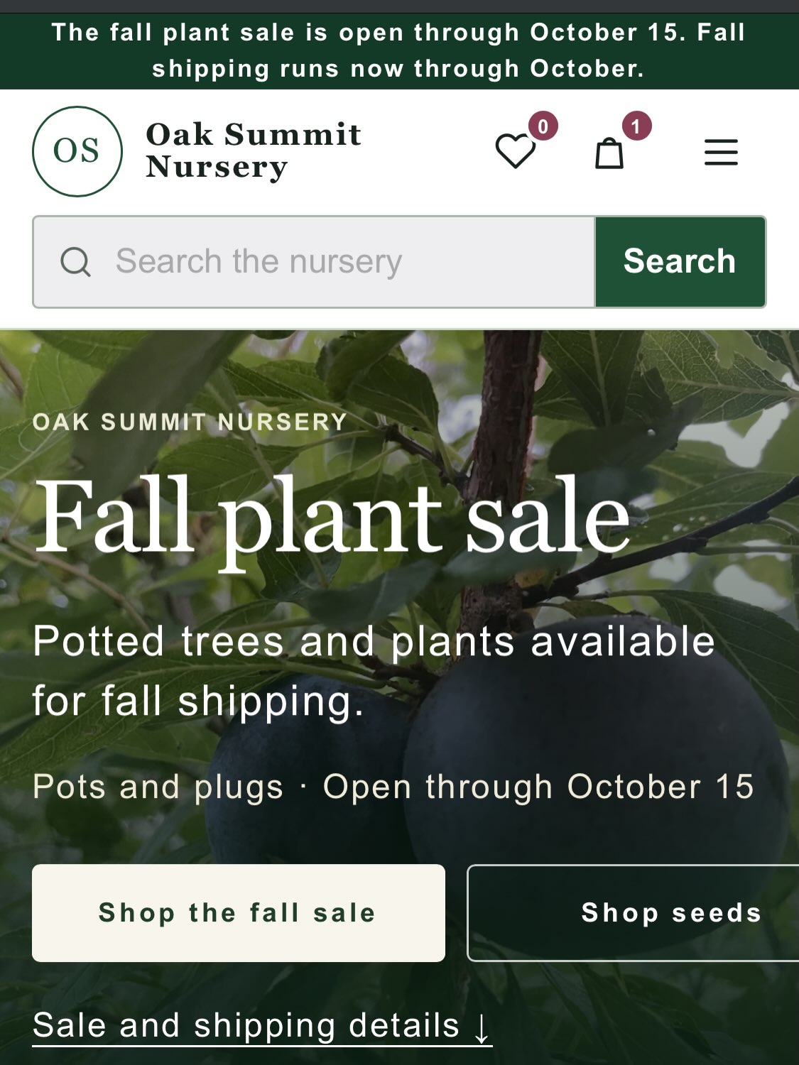 Oak Summit Nursery Fall plant sale page on a phone
