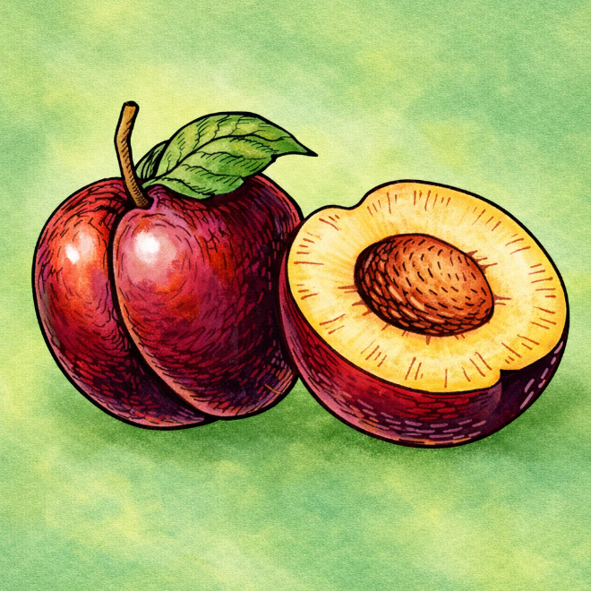 Red plum and cut fruit illustration for Ivanovka Plum Tree.
