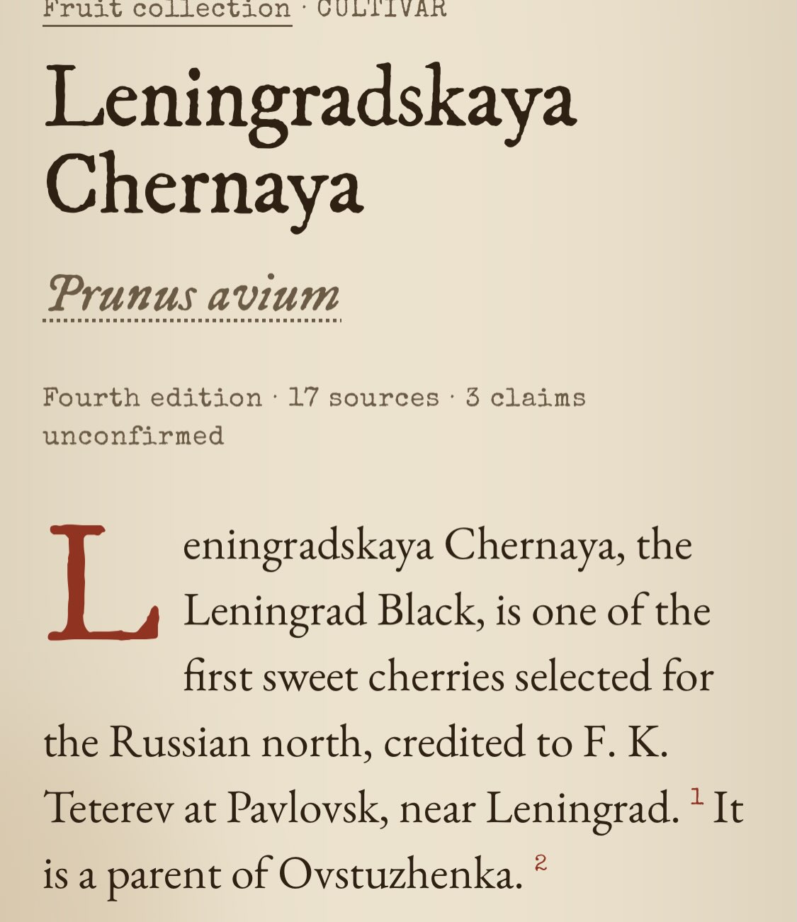 Page de référence de Pomologica sur le cerisier doux Leningradskaya Chernaya, utilisé comme exemple dans la discussion des notes.