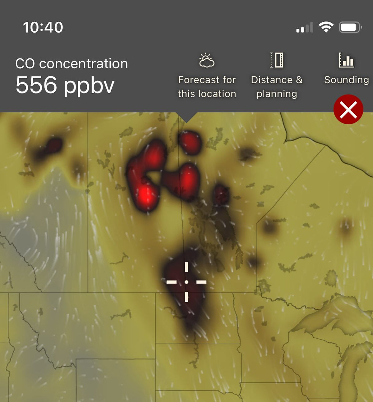 windy showing C02 from Manitoba forest fires, we're in a pocket of smoke today in southern MB making it smell like BBQ