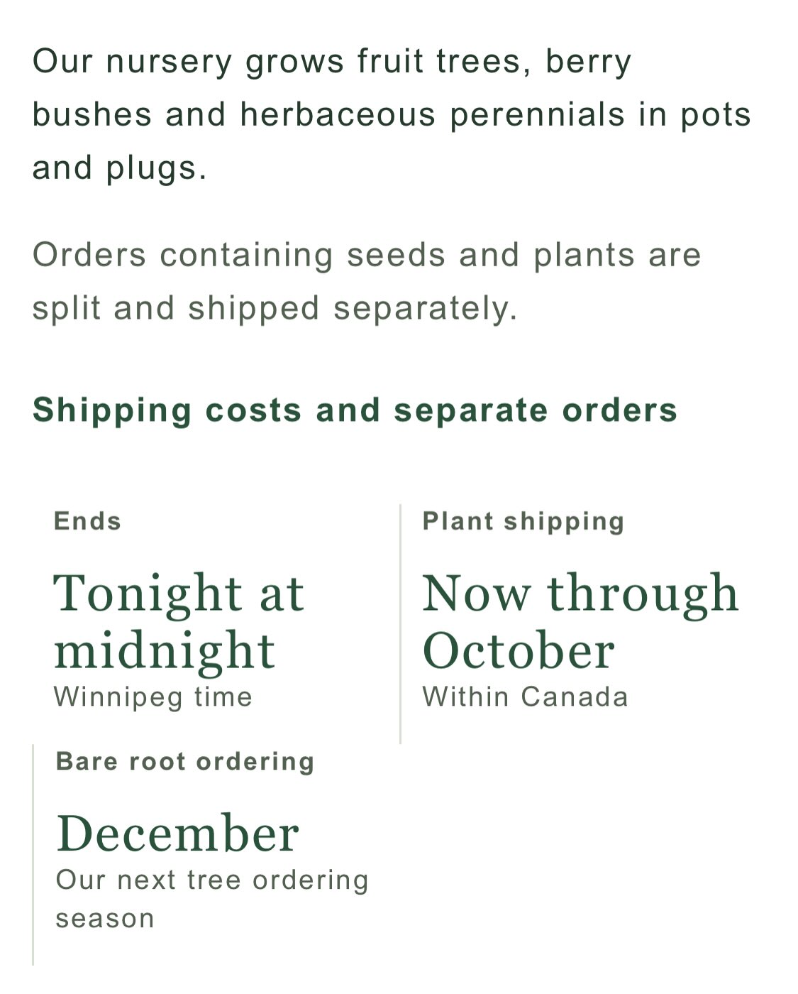 Screenshot from October 20 of the nursery's shipping panel: sale ends at midnight Winnipeg time, plants ship through October within Canada, and bare root ordering opens in December.